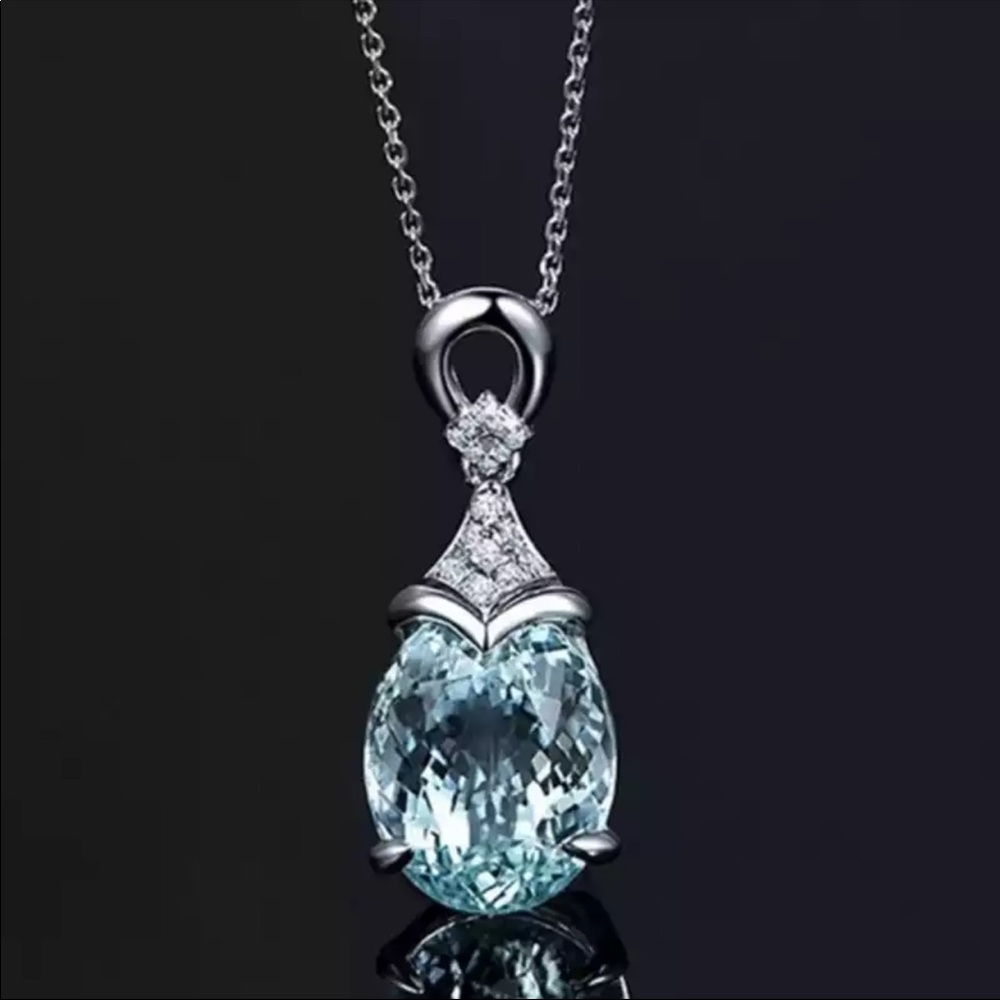 New Luxury Silver Color Blue Aquamarine Necklace - Picture 2 of 5